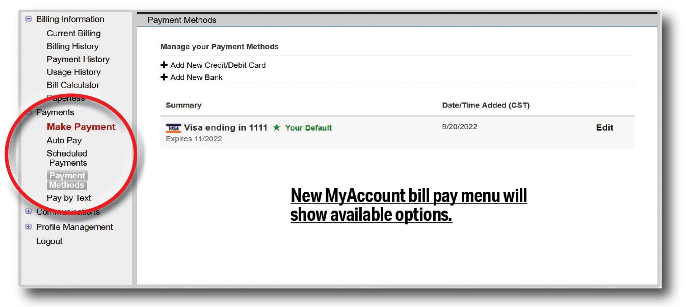 New MyAccount bill pay menu will show available options.
