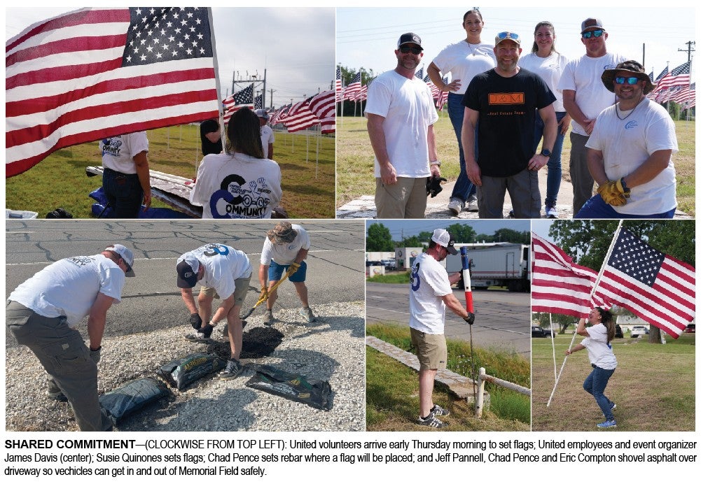 Collage of images of volunteers setting up for Field of Flags 2025
