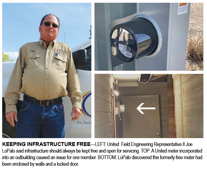 KEEPING INFRASTRUCTURE FREE—LEFT: United  Field Engineering Representative II Joe LoPalo said infrastructure should always be kept free and open for servicing. TOP: A United meter incorporated into an outbuilding caused an issue for one member. BOTTOM: LoPalo discovered this formerly free meter had been enclosed by walls and a locked door.