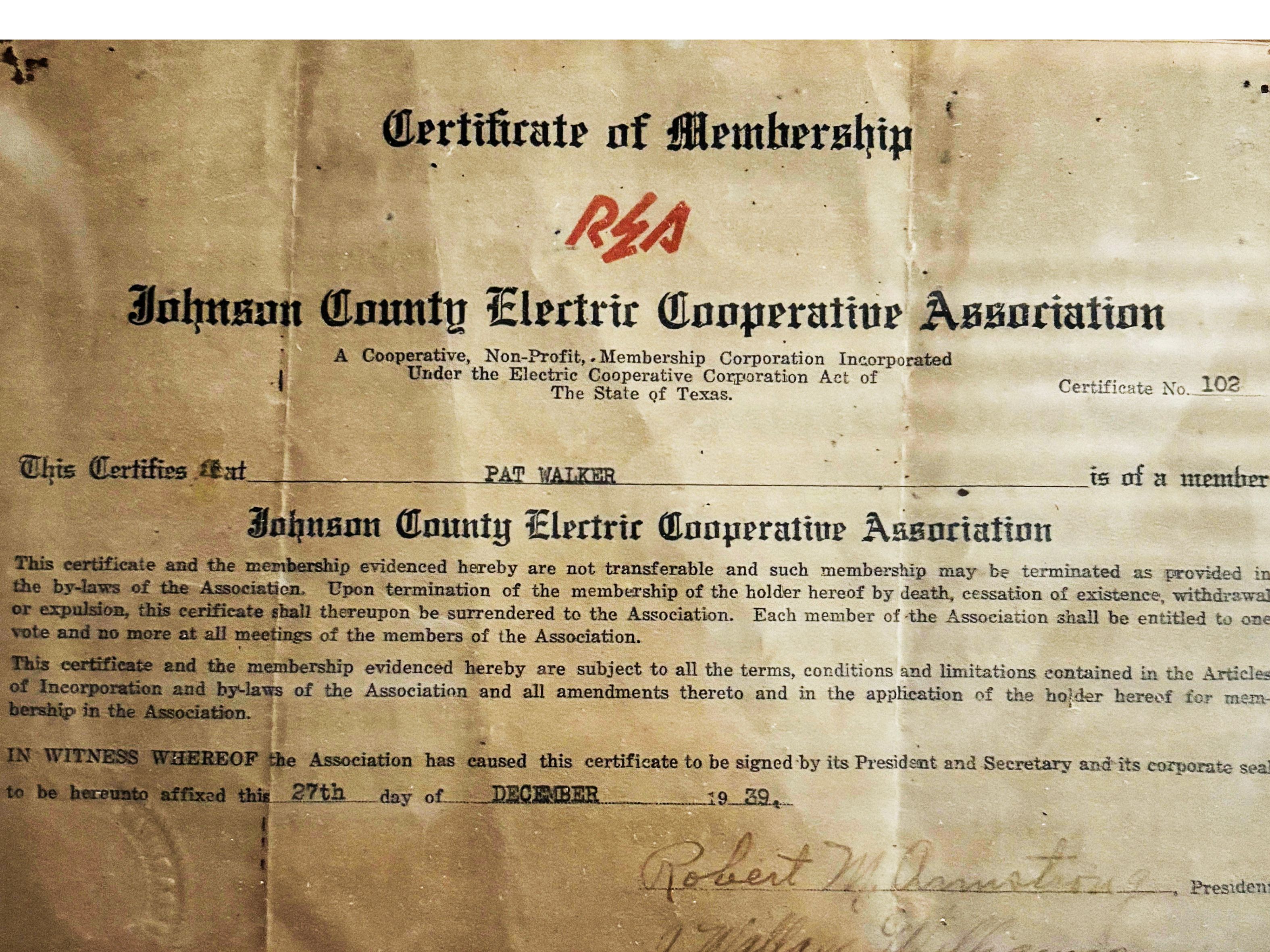 Image of original REA certificate