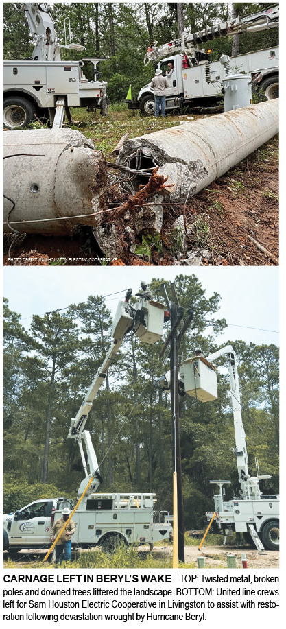 CARNAGE LEFT IN BERYL’S WAKE—TOP: Twisted metal, broken poles and downed trees littered the landscape. BOTTOM: United line crews left for Sam Houston Electric Cooperative in Livingston to assist with restoration following devastation wrought by Hurricane Beryl. 