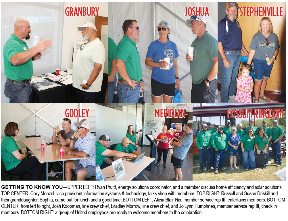 GETTING TO KNOW YOU—UPPER LEFT: Ryan Pruitt, energy solutions coordinator, and a member discuss home efficiency and solar solutions. TOP CENTER: Cory Menzel, vice president information systems & technology, talks shop with members. TOP RIGHT: Russell and Susan Driskill and their granddaughter, Sophia, came out for lunch and a good time. BOTTOM LEFT: Alicia Blair-Nix, member service rep III, entertains members. BOTTOM CENTER: from left to right, Josh Koopman, line crew chief, Bradley Morrow, line crew chief, and Jo’Lynn Humphries, member service rep III, check in members. BOTTOM RIGHT: a group of United employees are ready to welcome members to the celebration. 