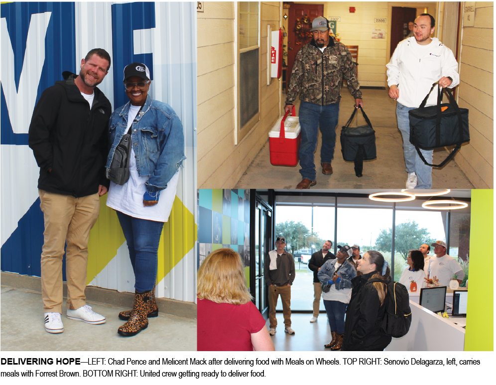 DELIVERING HOPE—LEFT: Chad Pence and Melicent Mack after delivering food with Meals on Wheels. TOP RIGHT: Senovio Delagarza, left, carries meals with Forrest Brown. BOTTOM RIGHT: United crew getting ready to deliver food. 