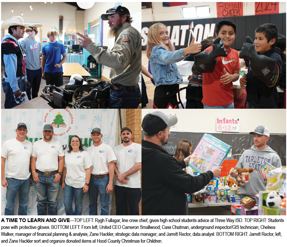 A TIME TO LEARN AND GIVE—TOP LEFT: Rygh Fullagar, line crew chief, gives high school students advice at Three Way ISD. TOP RIGHT: Students pose with protective gloves. BOTTOM LEFT: From left, United CEO Cameron Smallwood; Cass Chatman, underground inspector/GIS technician; Chelsea Walker, manager of financial planning & analysis; Zane Hackler, strategic data manager; and Jarrett Rector, data analyst. BOTTOM RIGHT: Jarrett Rector, left, and Zane Hackler sort and organize donated items at Hood County Christmas for Children.  