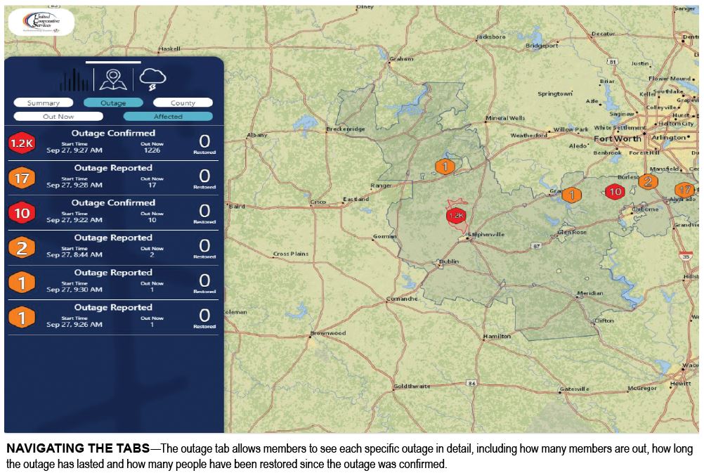 NAVIGATING THE TABS—The outage tab allows members to see each specific outage in detail, including how many members are out, how long the outage has lasted and how many people have been restored since the outage was confirmed.