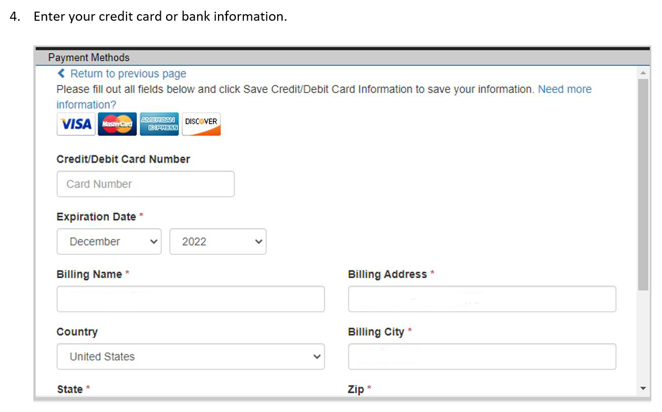 4.	Enter your credit card or bank information.