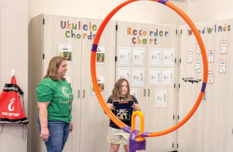 DRONING ON AND ON—Pleasant View Elementary teacher, Jennifer Camp, helps a student guide a drone with the help of Wi-Fi internet. 