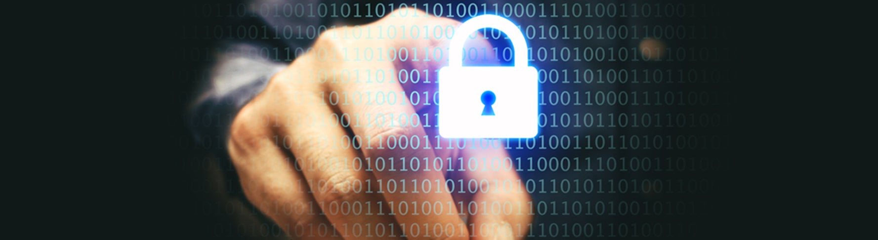 Abstract photo of hand pressing computer generated lock.